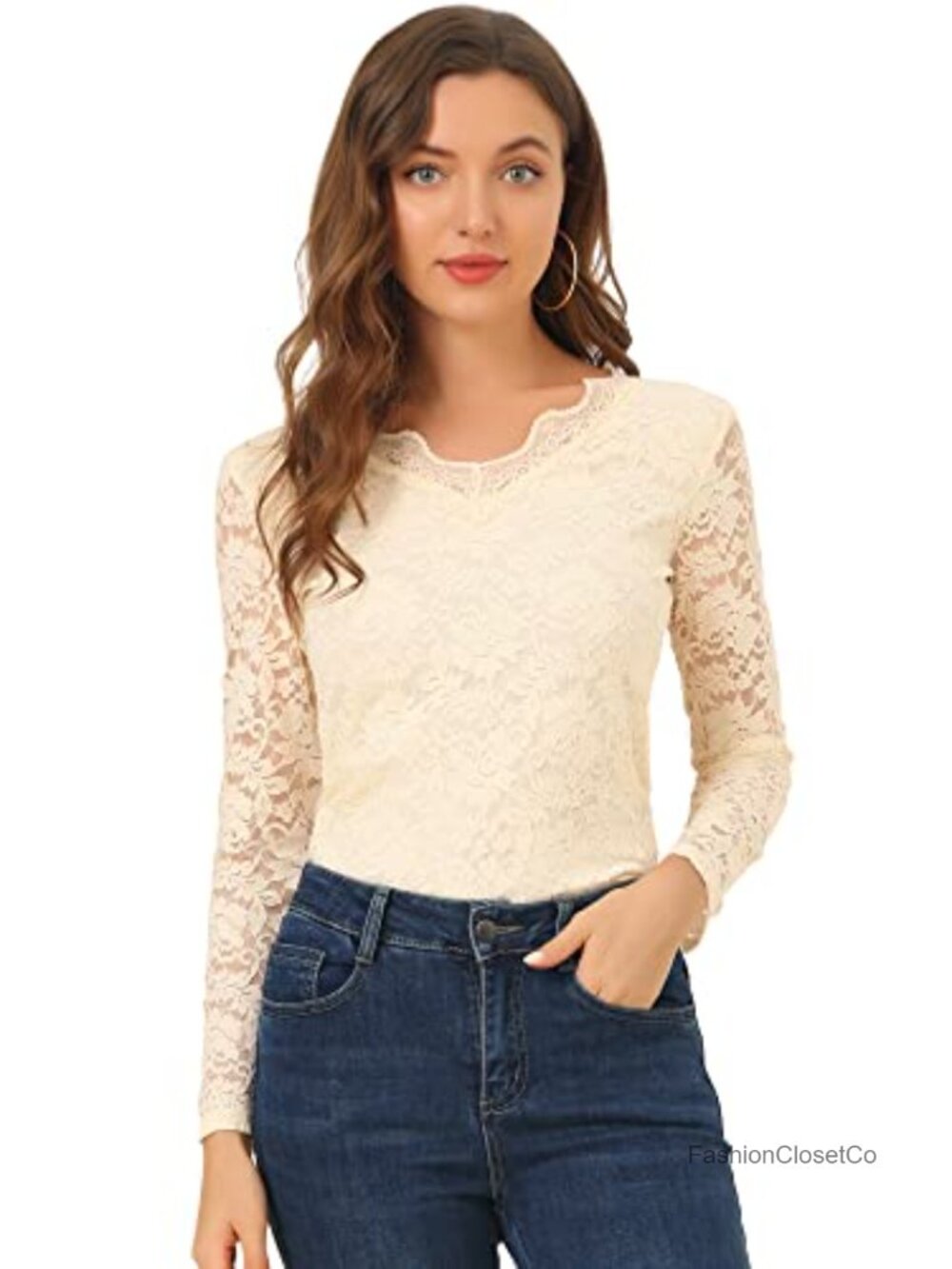 Sheer Scalloped Lace Long Sleeve Blouse